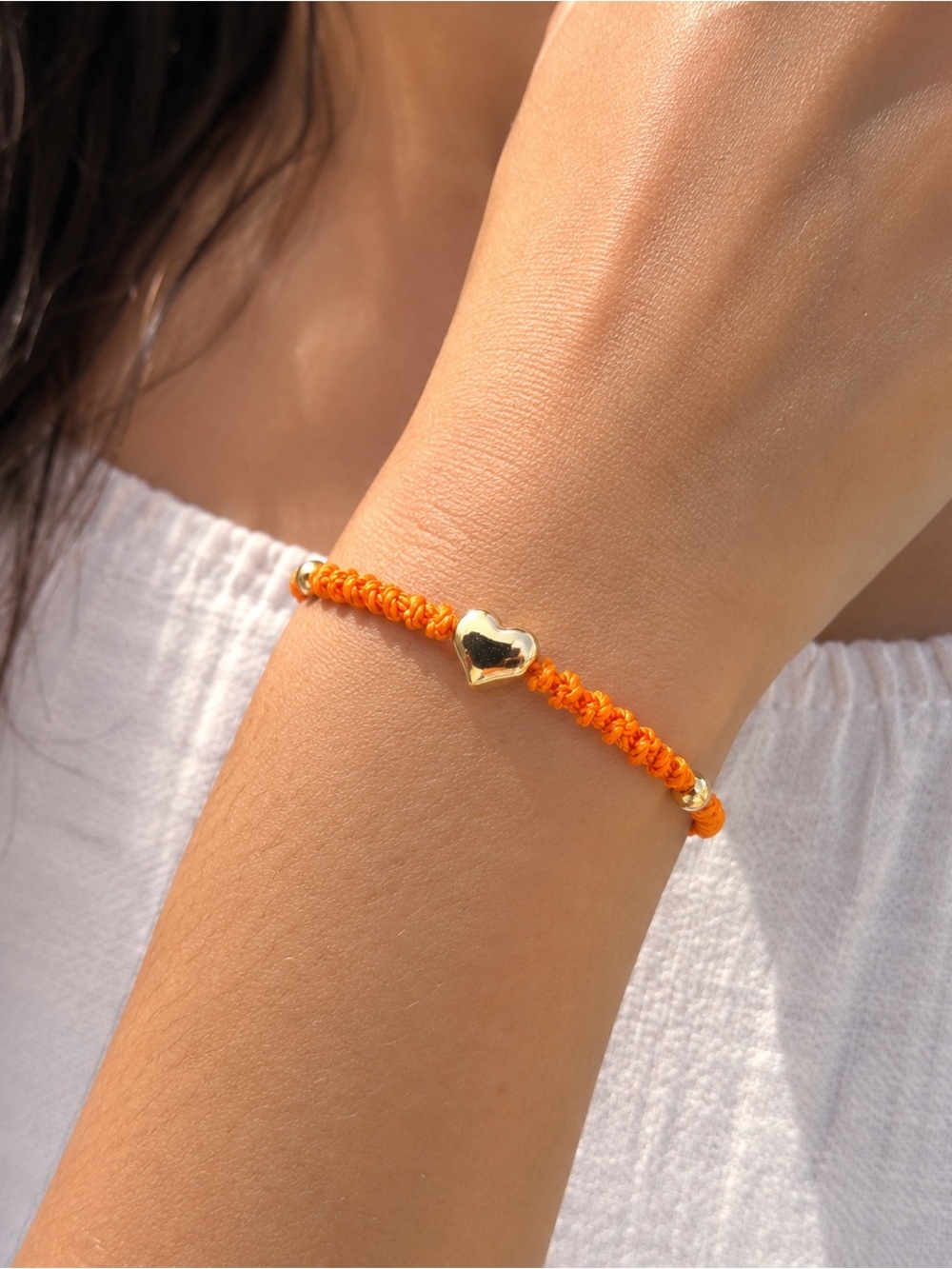 Handmade Orange Macrame Stainless Steel Puffed Heart Adjustable Bracelet Sunset